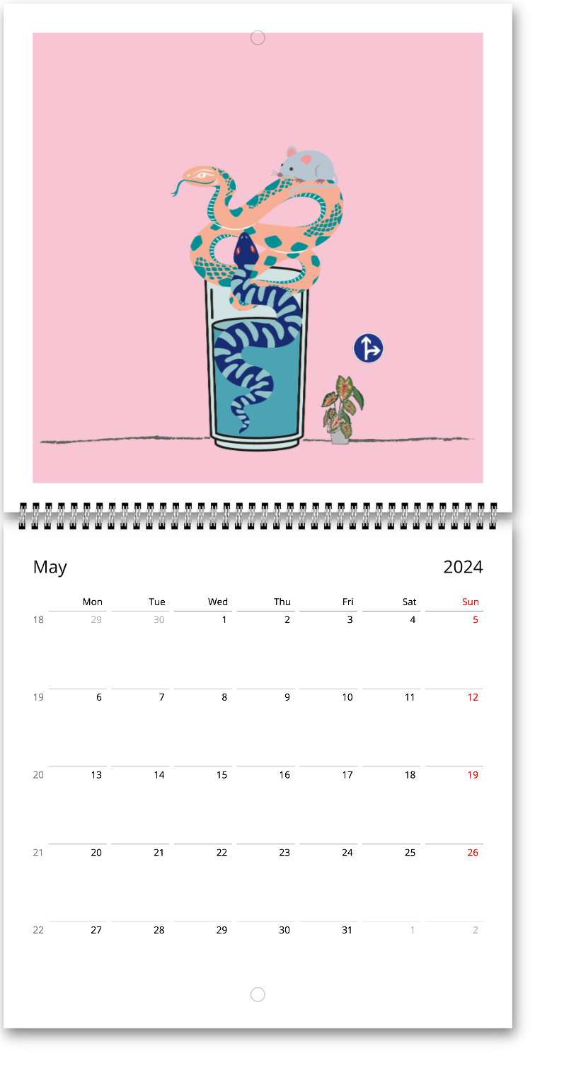 Calendrier mural Premium "ANIMAL DRINKS" 2024 (anglais) - édition rose