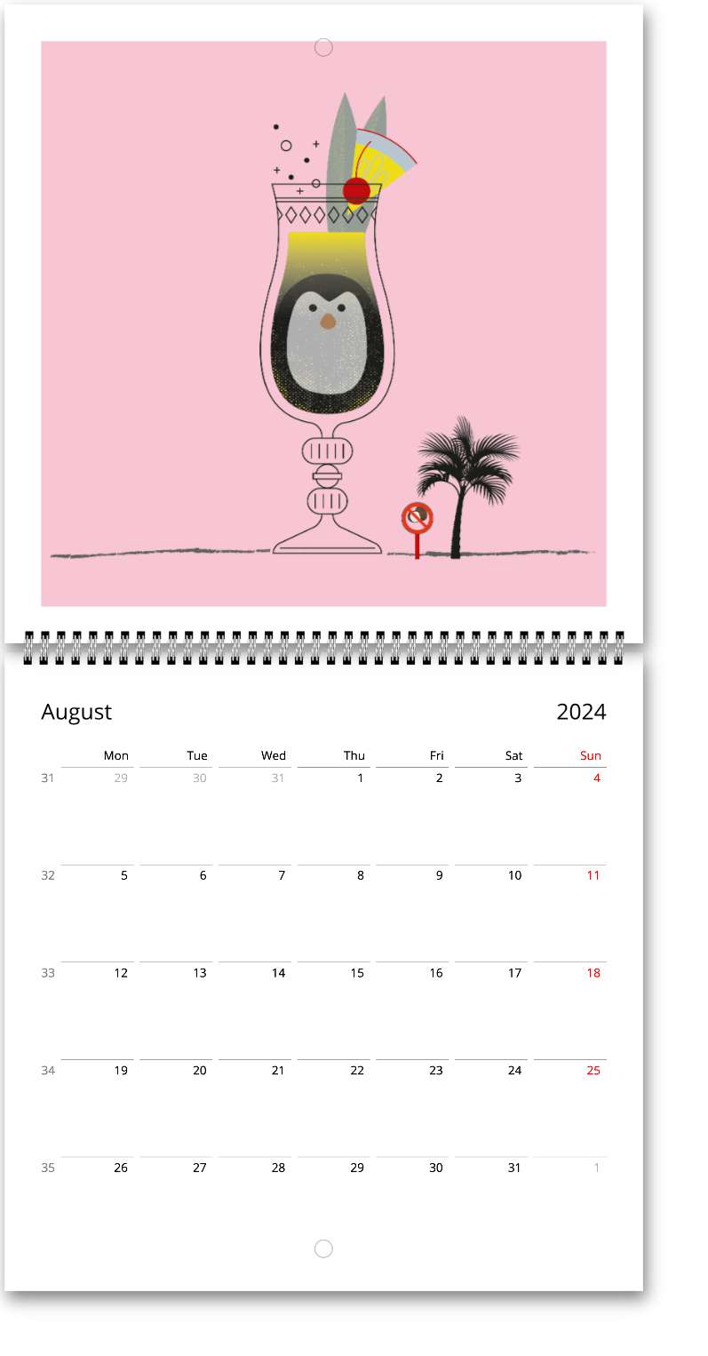 Calendrier mural Premium "ANIMAL DRINKS" 2024 (anglais) - édition rose
