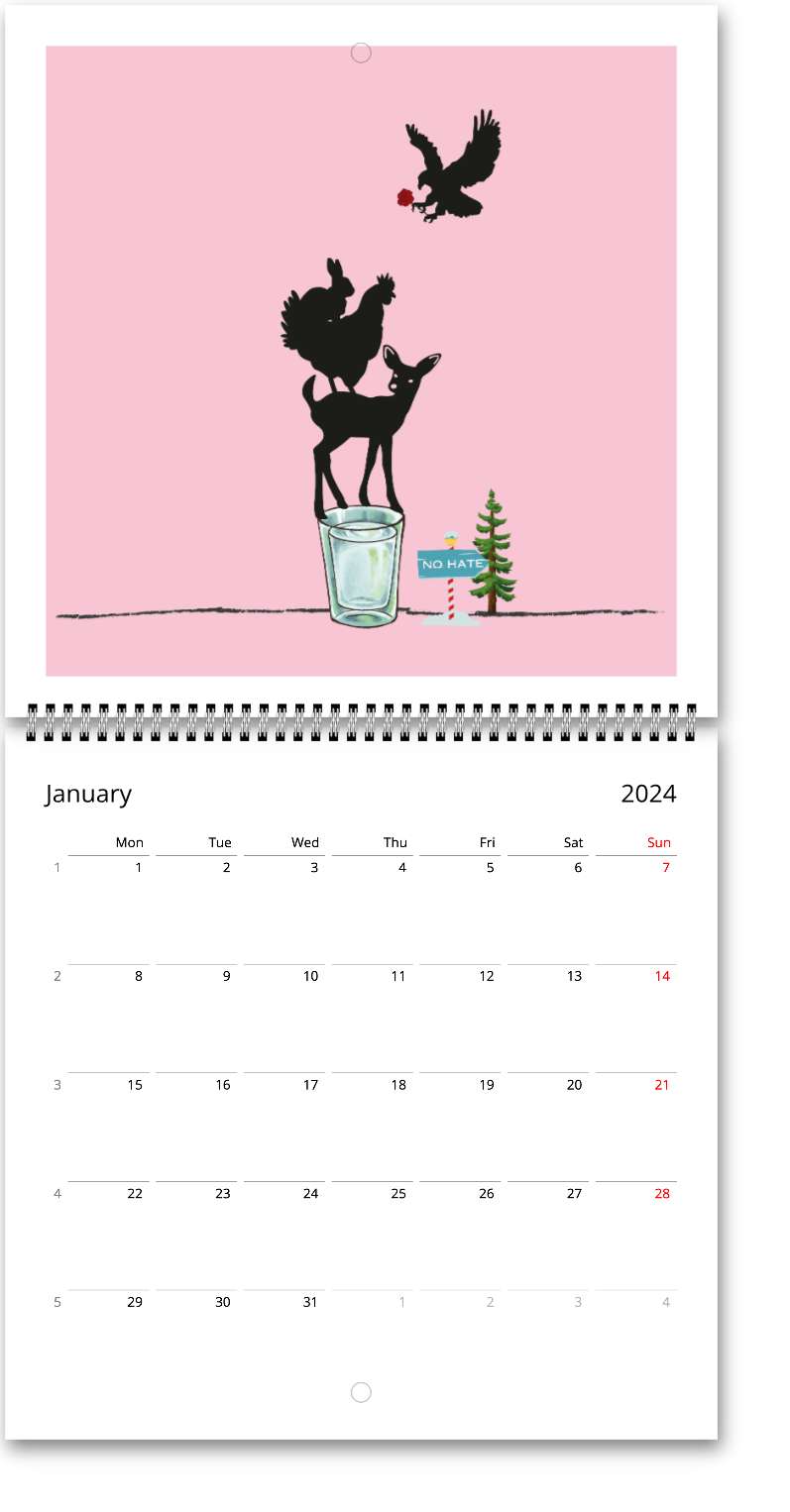 Calendrier mural Premium "ANIMAL DRINKS" 2024 (anglais) - édition rose
